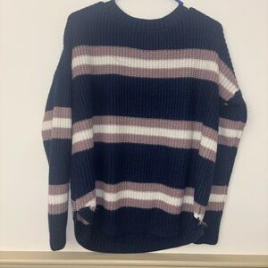 Striped Knit Sweater Blue Mauve Cream Oversized Cozy Pullover XL